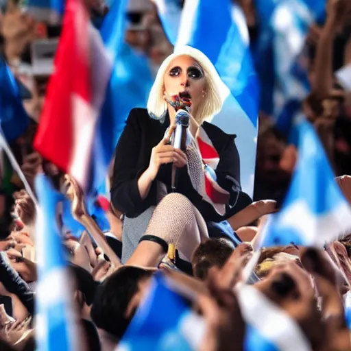 Image similar to Lady Gaga as president, Argentina presidential rally, Argentine flags behind, bokeh, giving a speech, detailed face, Argentina