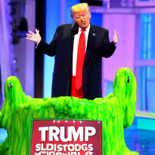 Prompt: donald trump making a speech while being slimed on nickelodeon kids choice awards, green slime, photography, cinematic shot,