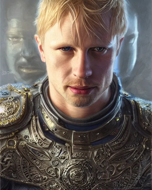 Image similar to attractive arthur pendragon portrait, highly detailed, very intricate, cinematic lighting, closeup painted portrait, by donato giancola and rossdraws and magali villenueve, featured on artstation