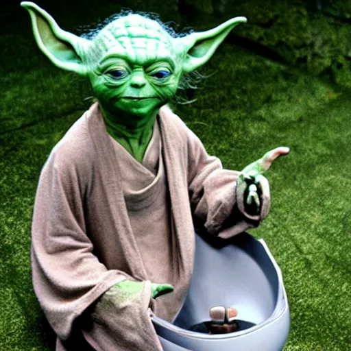 Image similar to yoda sitting on toilett