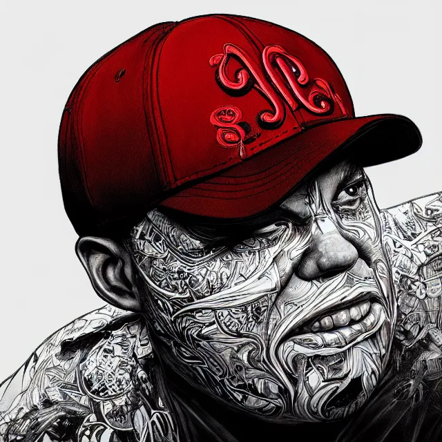 Image similar to the portrait of chaotic neutral los angeles blood's gang member wearing a red dodgers baseball cap, an ultrafine hyperdetailed illustration by kim jung gi, irakli nadar, intricate linework, bright colors, octopath traveler, final fantasy, unreal engine 5 highly rendered, global illumination, radiant light, detailed and intricate environment