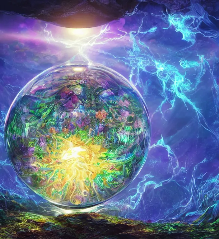 Image similar to a magical and exquisite fantasy illustration of an intricate and faceted crystal ball with a world inside of it + in water + prism + god rays + dramatic lightning + backlit + specular highlights + ambient occlusion + global illumination + bump map + reflective + caustics + refractive + unreal engine 5 + DOF + sharp focus, digital artwork by Dan Mumford + Peter Mohrbacher + Ash Thorp