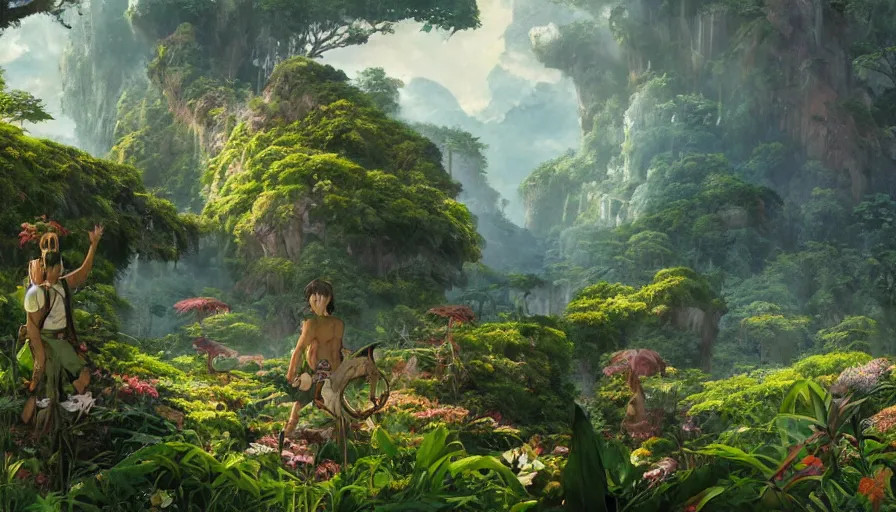 Image similar to craig mullins and studio ghibli illustration of the beastlands, avatar ( 2 0 0 9 ), lush landscape, jungle landscape, flowers, unreal engine, hyper realism, realistic shading, cinematic composition, realistic render, octane render, detailed textures, photorealistic, wide shot