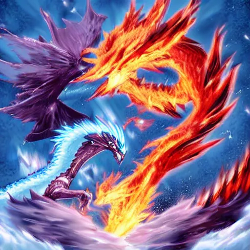 Prompt: ice Phoenix fighting against fire dragon