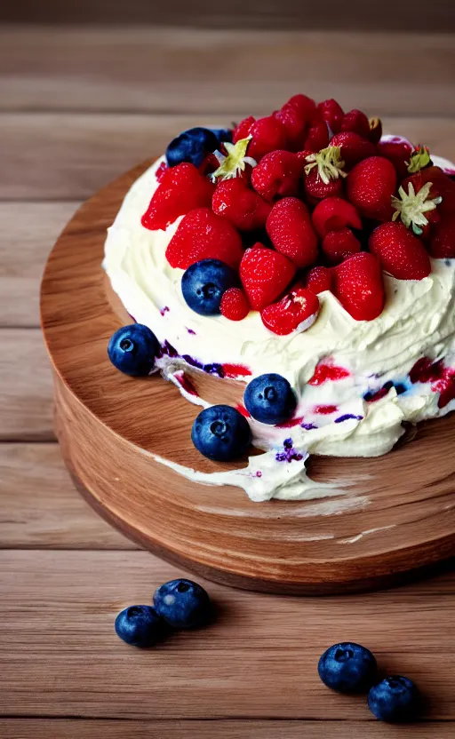 Image similar to A photo of a swedish cake from the side on a wooden table, with cream spread on the sides and strawberries, raspberries and blueberries placed in circles on top. Sunset. 4K. Cinematic lighting. High detail. Realistic. Delicious.