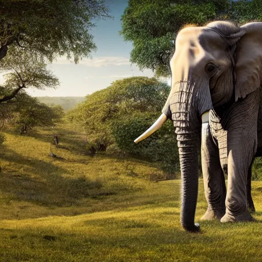 Prompt: a highly detailed panoramic photo by annie leibowitz of an elephant in the distance. the elephant has a staircase as a trunk, 8 k, super resolution