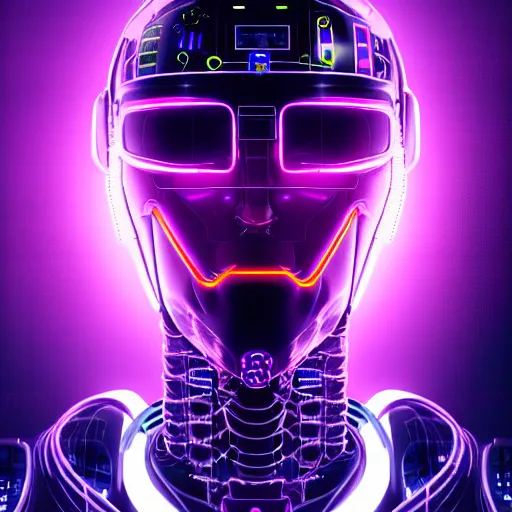 Image similar to Head of a robot with purple glowing eyes in cyberpunk neon Tokyo in style of Tsutomu Nihei. Cyberpunk, vertical symmetry, 8K, Highly Detailed, Intricate.