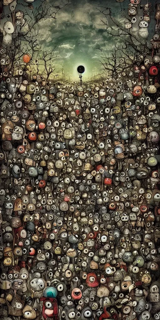 Image similar to an eyeball junkyard scene by alexander jansson and where's waldo