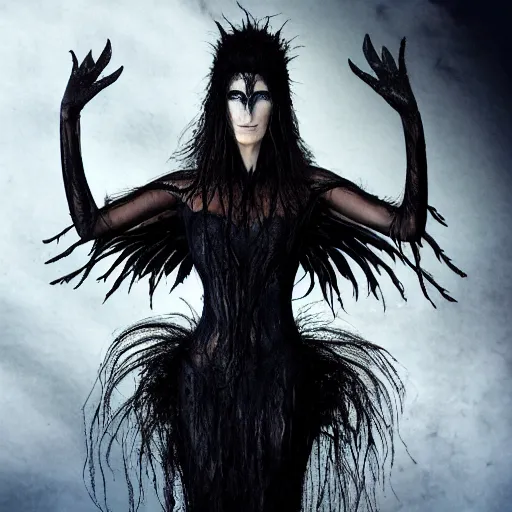 Image similar to jennifer connelly as alien odile the black swan, gray skin, wearing black hooded cloak, huge wings, black feathers instead of hair, black feathers growing out of skin, bumpy skin, screaming, losing control, black feathers growing out of face, black hands with black claws, comic book, giger, mike mignogna, david mack, trending on artstation