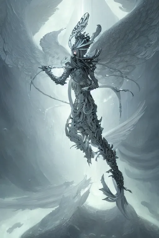 Image similar to white angel, ornate, intricate and detailed, rule of thirds, Art by Peter Mohrbacher, Tsutomu Nihei, unreal engine, pixar, video game