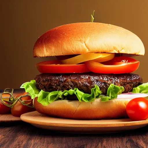 Prompt: a gourmet hamburger with lettus, tomatoes, onions, sauce and cheese on a plate with fries. Hyperrealistic, food photography, focal point, focus, background blur, dark, realistic, detailed, lighting, cinematic, 8k