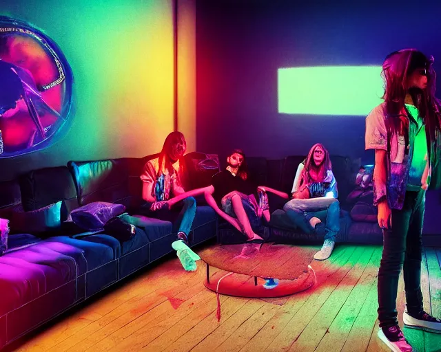 Image similar to a painting of an emo teenager hanging out with her friends at a super cool house party, synthwave, retrowave, synth, volumetric lighting, unreal engine, atmospheric, hip, cool, college party