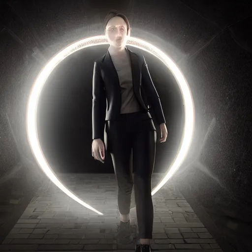 Image similar to a secret agent in the process of stepping between two realities through a portal, one dark and one light, dramatic lighting, electric effects, photoreal render, unreal engine, 4k