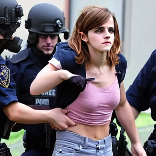 Image similar to emma watson being arrested by a swat team