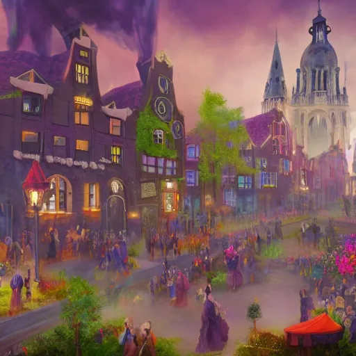 Prompt: A bustling magical town with witches and black cats dancing around a colorful music festival in its center, inspired by Victorian England and Amsterdam, concept art, matte painting, trending on art station, ultra high quality, masterpiece