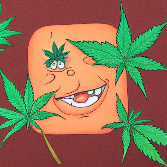 Prompt: cannabis leaf cartoon with a smiling face, colored pencil illustration