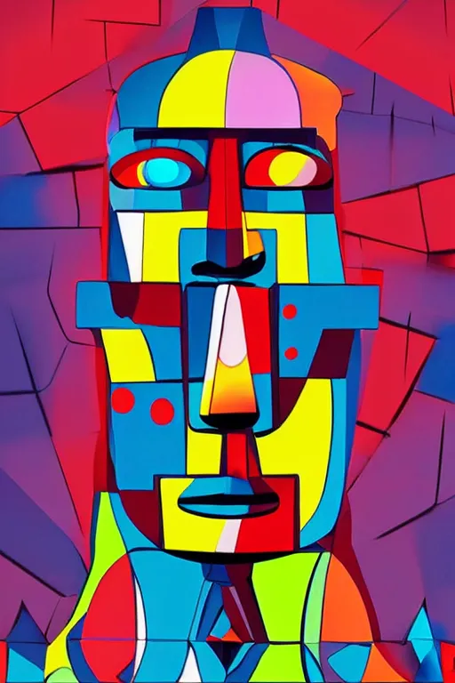 Image similar to cubist moai statue cutout digital illustration cartoon colorful beeple