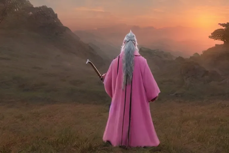 Image similar to portrait of Gandalf wearing pink Hello kitty costume, serene expression, sunrise, movie still from Lord of the Rings, cinematic