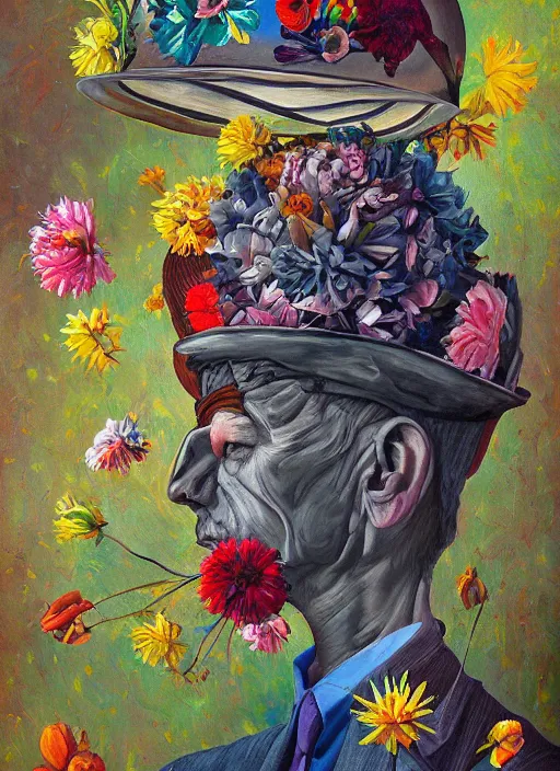 Image similar to a painting of a man with a strange hat on his head, a surrealist painting by Szymon Kot, behance contest winner, metaphysical painting, made of flowers, oil on canvas, detailed painting