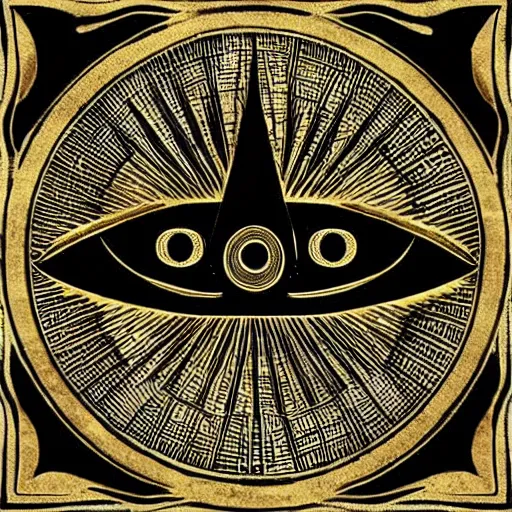 Prompt: 'all seeing eye, gold, pyramid, mysterious swirlilng gas'