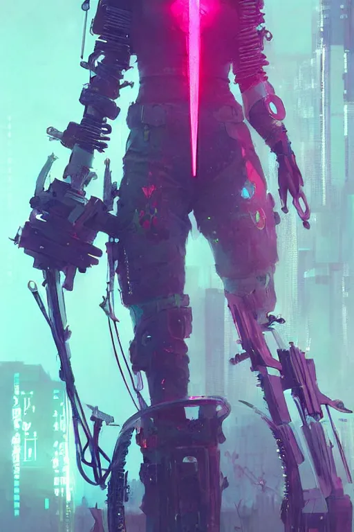 Image similar to horizon zero down, cyberpunk futuristic neon. fencing, long sword in her hand, decorated with traditional japanese ornaments by ismail inceoglu dragan bibin hans thoma greg rutkowski alexandros pyromallis nekro rene maritte illustrated, perfect face, fine details, realistic shaded, fine - face, pretty face, masterpiece