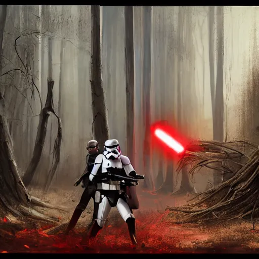 Prompt: stormtroopers shooting red blasters at a young blonde jedi with short hair in a burned lifeless forest with burned trees and plants concept art by Doug Chiang cinematic concept art, realistic painting, high definition, digital art, matte painting, symmetrical, very detailed, realistic, dramatic lighting, cinematic, establishing shot, extremely high detail, photo realistic, cinematic lighting, post processed, concept art, artstation, unreal engine 5, matte painting, red color scheme, the Mandalorian concept art style