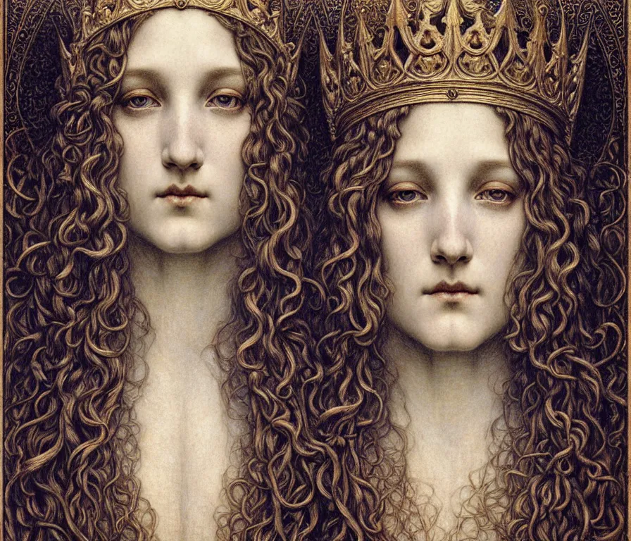 Image similar to detailed realistic beautiful young medieval queen face portrait by jean delville, gustave dore and marco mazzoni, art nouveau, symbolist, visionary, gothic, pre - raphaelite. horizontal symmetry