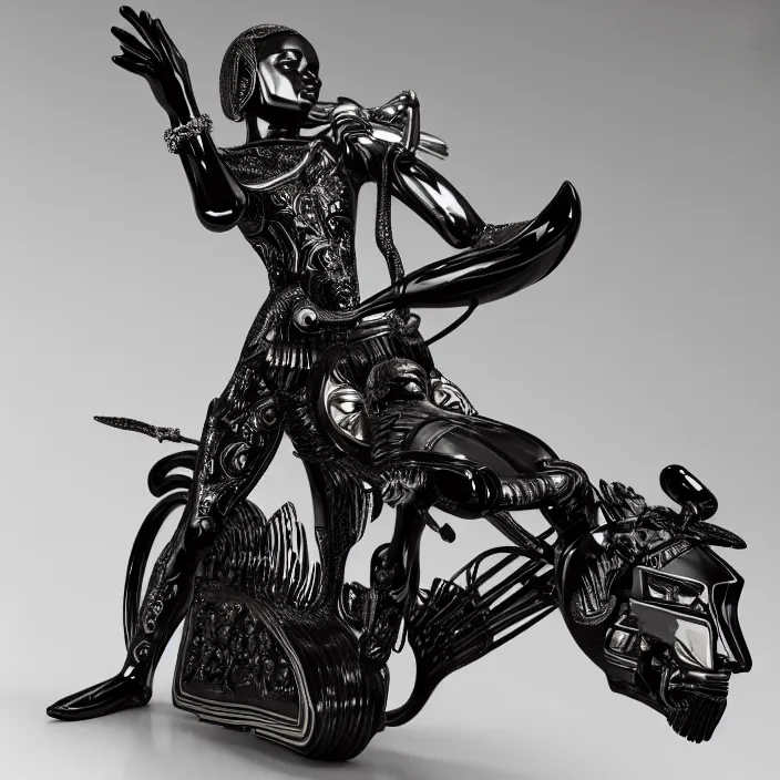 Image similar to fine art statue of black egyptian man on a surrealist motorbike, ebony art deco, carved black marble, inlaid with ebony and gold accents, ebony rococo, wings black lace wear, spider zero, zaha hadid, beautifully lit, hyper detailed, intricate, elite, ornate, photorealistic, micro details, 3 d sculpture, ray trace