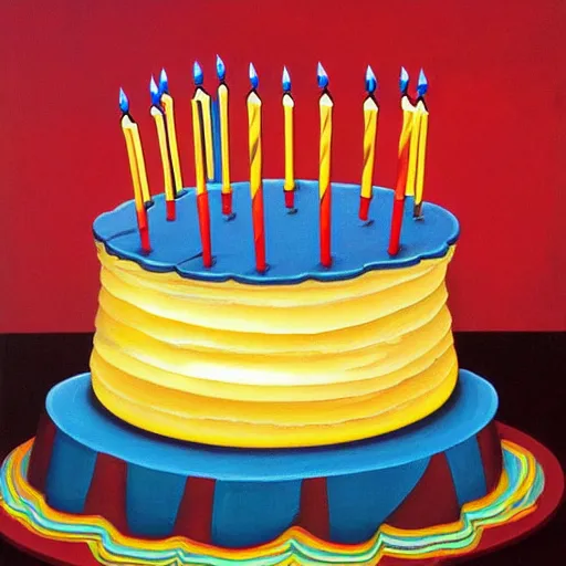 Prompt: painting of a birthday cake by greg hildebrandt colorful