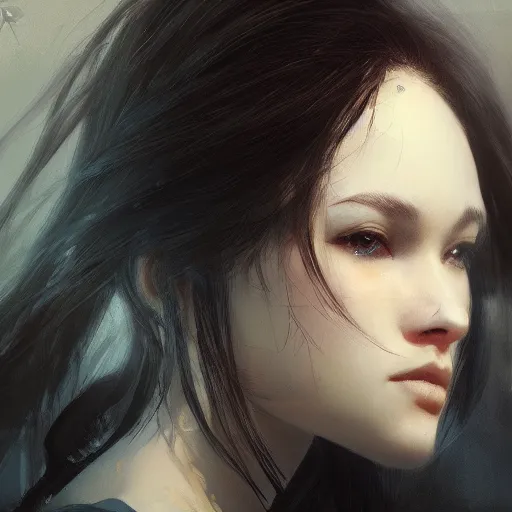 Image similar to a cute and beautiful girl by ruan jia, 8 k, closeup headshot, smooth, trending on artstation, black long hair, black eyes, movie poster style