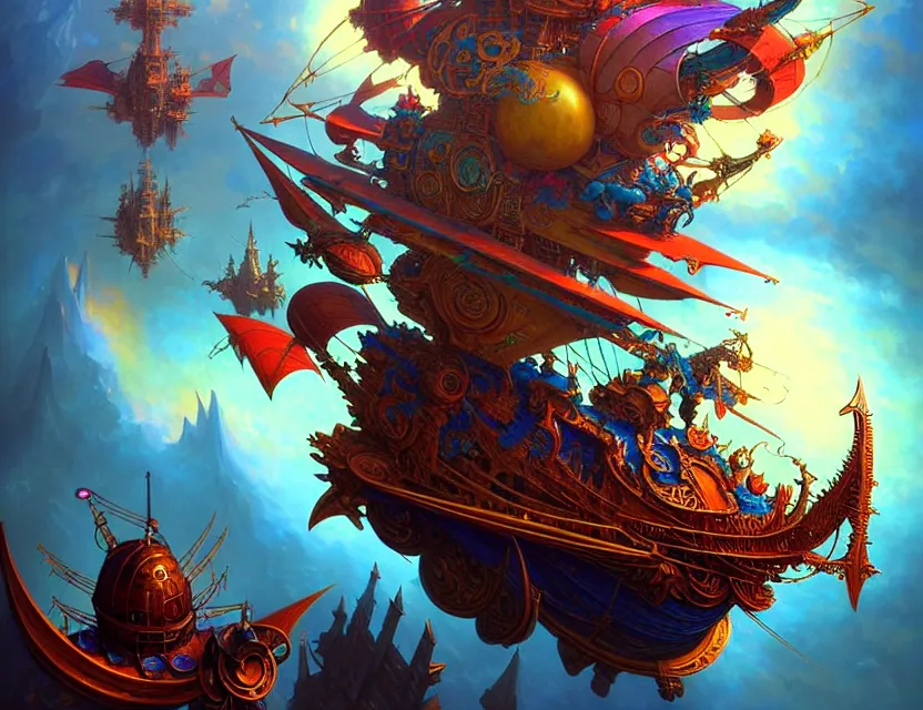 Image similar to the flying spelljammer galleon soars through the planes, amazing d & d planescape style art, trending on artstation, colorful, intricate, art by kev chan, joseph leyendecker, peter mohrbacher, ruan jia, marc simonetti, fantasypunk, deep colors, cgsociety