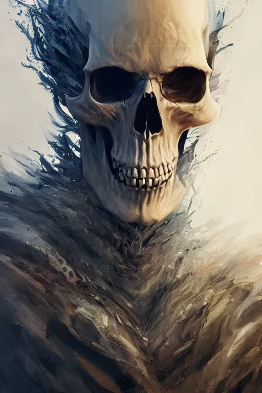 Image similar to concept art skull lord, brushstroke, close - up portrait, powerfull, intricate, elegant, volumetric lighting, scenery, digital painting, highly detailed, artstation, sharp focus, illustration, concept art, ruan jia, steve mccurry