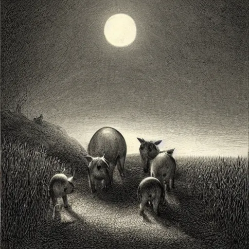 Prompt: pigs in a tuxedo walk out of a barn, dramatic lighting, creepy, farm background, moon, chiaroscuro, high detail, illustration by gustave dore