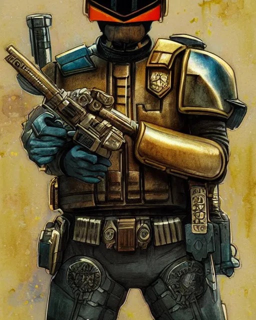 Image similar to karl urban as judge dredd, shooting criminals, highly detailed, gold filigree, romantic storybook fantasy, soft cinematic lighting, award, disney concept art watercolor illustration by mandy jurgens and alphonse mucha and alena aenami, pastel color palette, featured on artstation