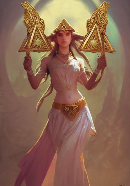 Image similar to zelda triforce princess, dance, intricate, elegant, highly detailed, digital painting, artstation, concept art, smooth, sharp focus, illustration, art by artgerm and greg rutkowski and alphonse mucha and william - adolphe bouguereau