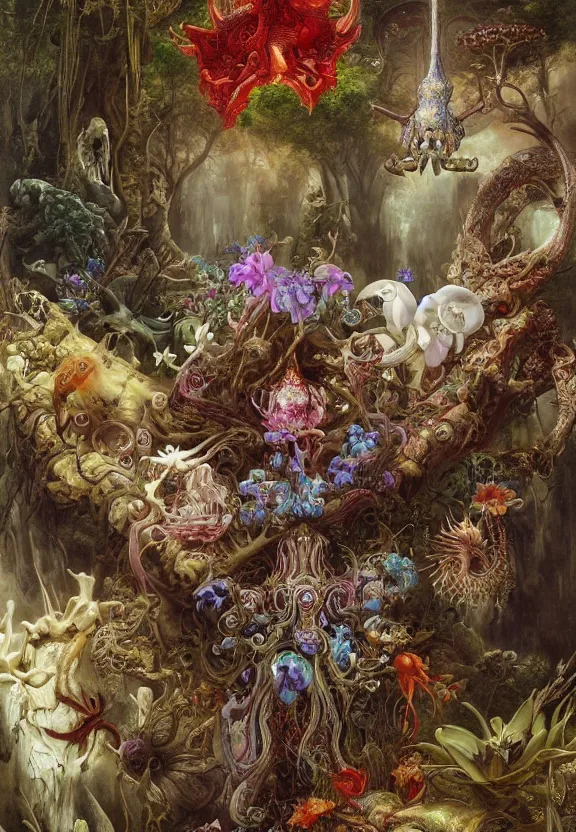 Image similar to simplicity, elegant, colorful muscular eldritch animals and bones radiating from fractal, orchids, lilies, flowers, mandalas, by h. r. giger and esao andrews and maria sibylla merian eugene delacroix, gustave dore, thomas moran, pop art, cyberpunk, art nouveau