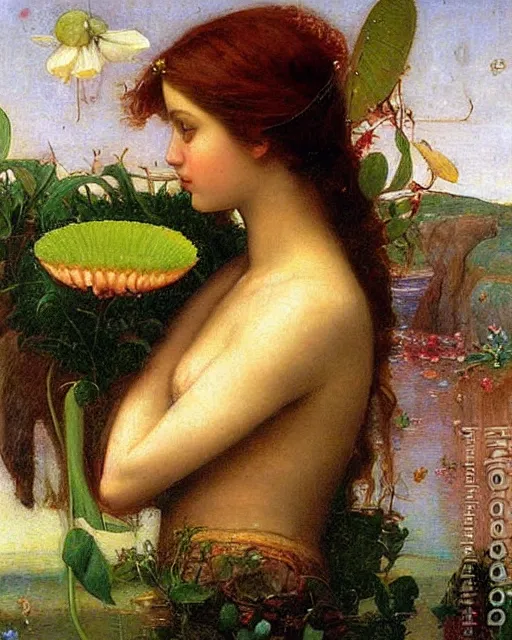 Prompt: portrait of aphrodite as a venus fly trap beautiful oil painting waterhouse