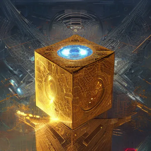 Image similar to hyper realistic golden quantum computer in the shape of a giant cube the size of a city in the middle of a Japanese city , art by artery and Greg Rutkowski and alphonse mucha, sci-fi, fantasy, intricate, ornate, very very intimidating , highly detailed, digital painting, artstation, concept art, smooth, sharp focus, illustration