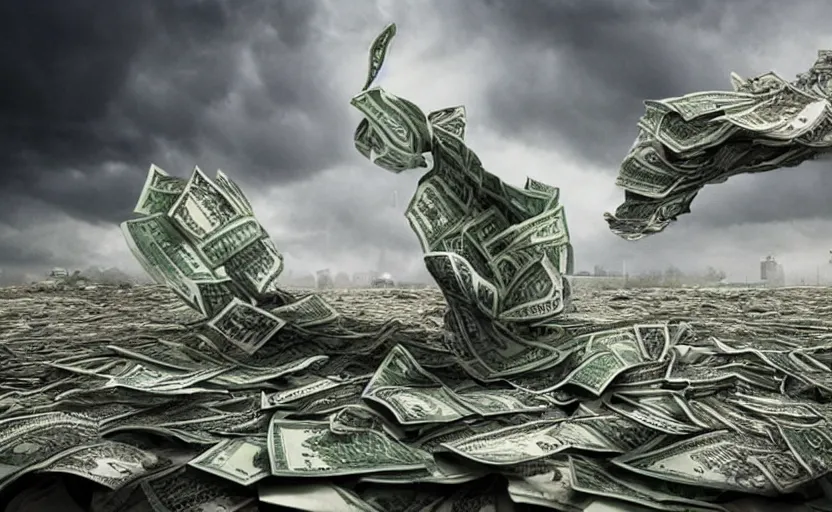 Prompt: A tornado made of cash hitting a government building, landscape art, concept art, intense