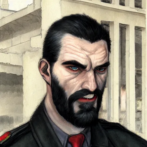 Image similar to portrait of a greying pale vampire police officer with short hair and a patchy beard, close up, grimy streets backdrop, highly detailed, sharp focus, perfect eyes, art by esad ribic