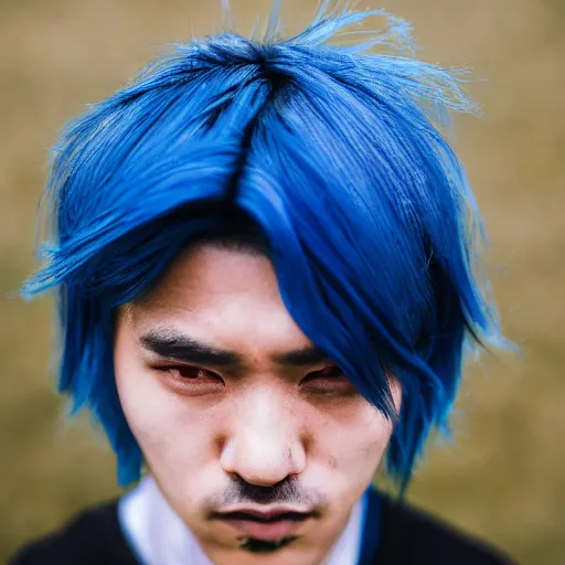 Prompt: rimuru tempest, young man blue hair ( ( ( ( ( ( ( ( ( ( eyes yellow ) ) ) ) ) ) ) ) ) ), canon eos r 3, f / 1. 4, iso 2 0 0, 1 / 1 6 0 s, 8 k, raw, unedited, symmetrical balance, in - frame