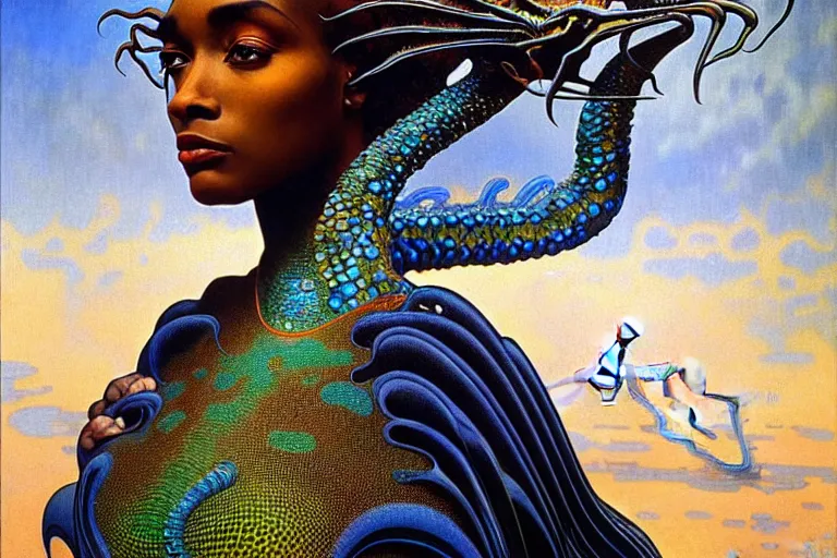 Image similar to realistic extremely detailed closeup portrait painting of a beautiful black woman wearing futuristic dress, dystopian landscape with a mutant dragon on background by Jean Delville, Amano, Yves Tanguy, Alphonse Mucha, Ernst Haeckel, Edward Robert Hughes, Roger Dean, rich moody colours