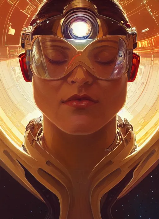 Image similar to psychoslayer, woman astronaut, intricate abstract. being entered by machine, portrait, highly detailed, deep focus, elegant, golden hour, elegant, highly detailed, digital painting, artstation, concept art, smooth, sharp focus, illustration, art by artgerm and greg rutkowski and alphonse mucha