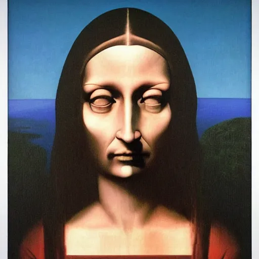 Image similar to monalisa by ZDZISŁAW BEKSIŃSKI, in the style of ZDZISŁAW BEKSIŃSKI, painted by ZDZISŁAW BEKSIŃSKI, made by ZDZISŁAW BEKSIŃSKI, ZDZISŁAW BEKSIŃSKI's artwork, oil on canvas