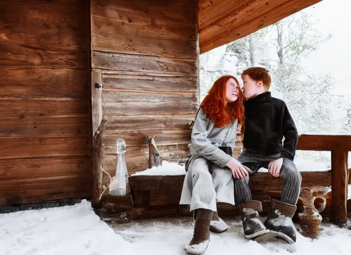 Image similar to a vintage photo of a boy and a girl with long flowing auburn hair sitting together on the porch of a cabin on a mountain overlooking a snowy landscape. atmospheric lighting, romantic, boy and girl, cold lighting, snowy.