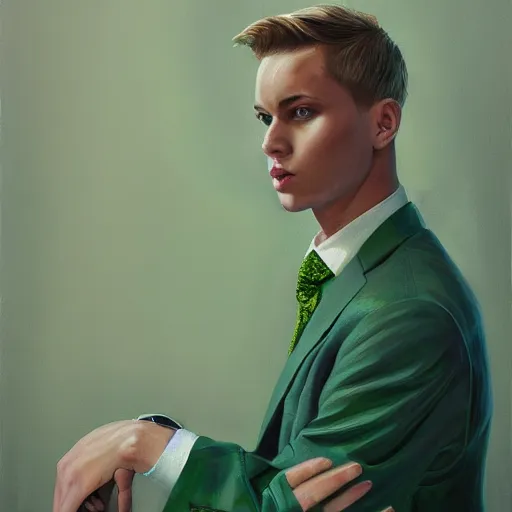 Prompt: A beautiful painting of a young man, blonde, wearing a suit, oil painting, green eyes, gloomy lighting, hyper detailed, trending on artstation