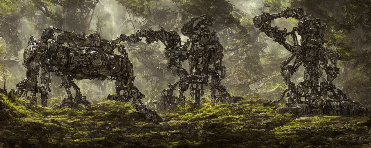 Prompt: ancient biomechanical mecha embedded in the ground, biomechanical aztec landscape in forest, concept art, 4 k, matte painting