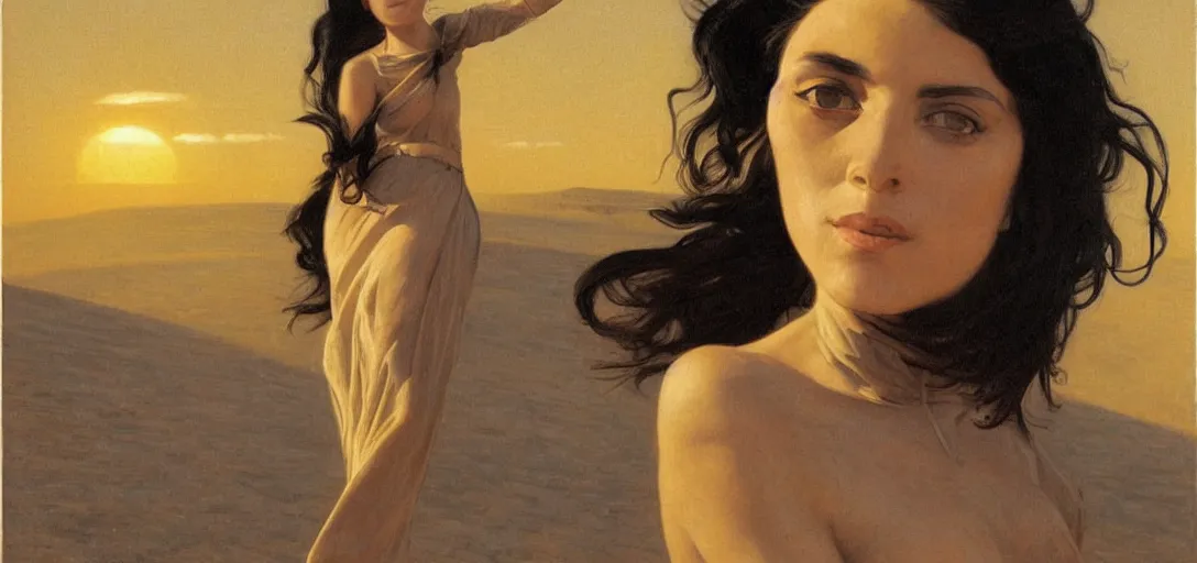 Prompt: portrait of an italian woman with long black hair, blazing sun, in a huge desert, sci - fi by emile friant and moebius