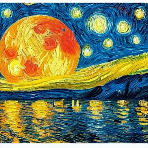 Prompt: an impressionist painting of a nightsky with a strawberry moon, inspired by starry night, vincent van gogh