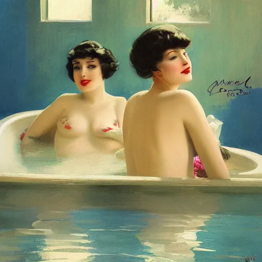 Image similar to three friends in a tub, art by wlop, edward mason eggleston, olivia, coby whitmore, rolf armstrong, wlop